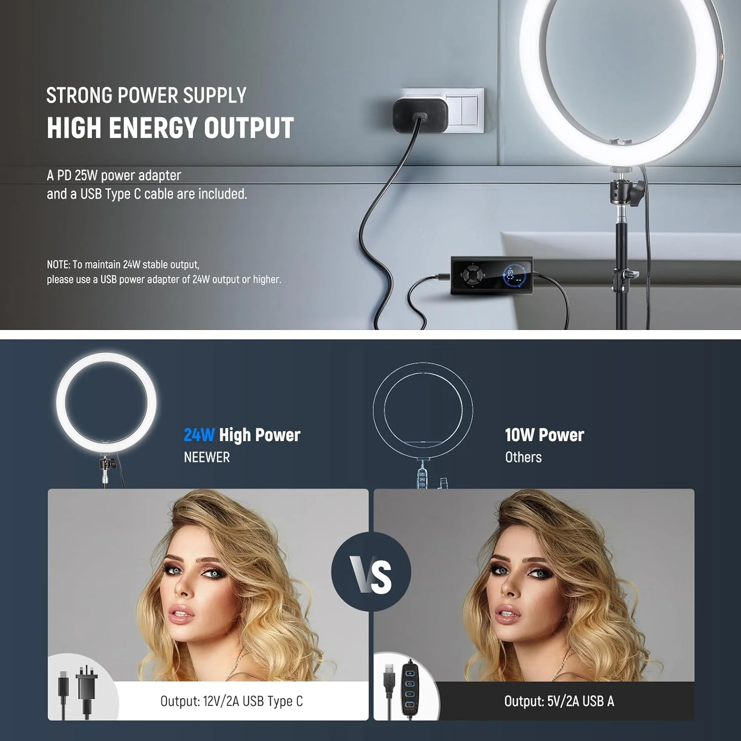 نور حلقه ای LED نیور 12 اینچی 24 واتی با پایه سه پایه، دو رنگ 2900-7000K، ورودی USB C PD، CRI97+ 1810lux/0.5m سازگار با آیفون، استودیو آرایش، استریمینگ، ضبط ویدیو سلفی، RH12B K2 نور حلقه ای LED نیور 12 اینچی 24 واتی با پایه سه پایه، دو رنگ 2900-7000K، ورودی USB C PD، CRI97+ 1810lux/0.5m سازگار با آیفون، استودیو آرایش، استریمینگ، ضبط ویدیو سلفی، RH12B K2