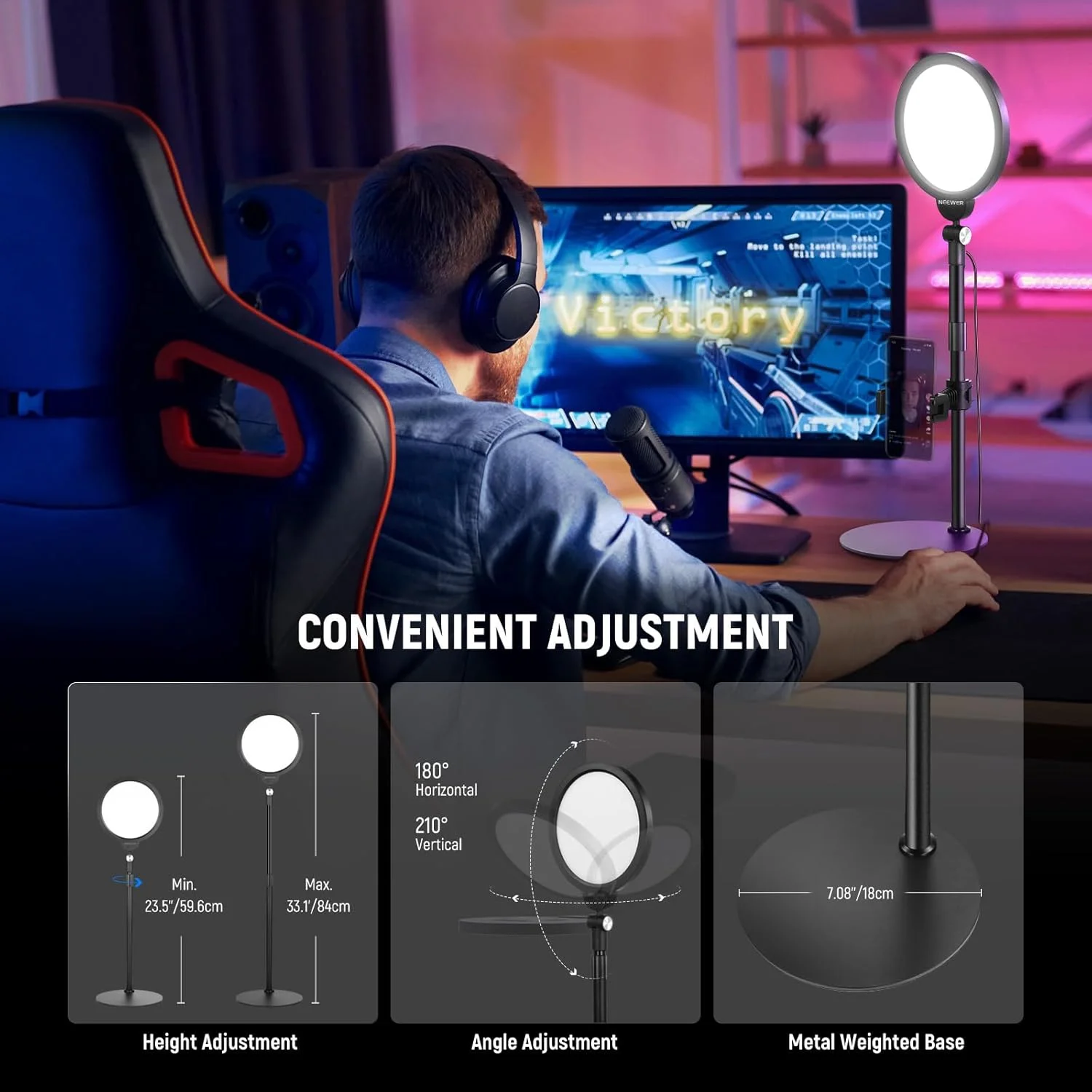 نور حلقه ای رومیزی NEEWER BASICS مدل R06، بسته 2 عددی، 7 اینچی، برای ضبط ویدیو، نورپردازی 10 واتی قابل تنظیم با پایه و نگهدارنده گوشی برای آیفون، کامپیوتر، لپ تاپ، وبلاگ، پخش زنده و کنفرانس ویدیویی نور حلقه ای رومیزی NEEWER BASICS مدل R06، بسته 2 عددی، 7 اینچی، برای ضبط ویدیو، نورپردازی 10 واتی قابل تنظیم با پایه و نگهدارنده گوشی برای آیفون، کامپیوتر، لپ تاپ، وبلاگ، پخش زنده و کنفرانس ویدیویی
