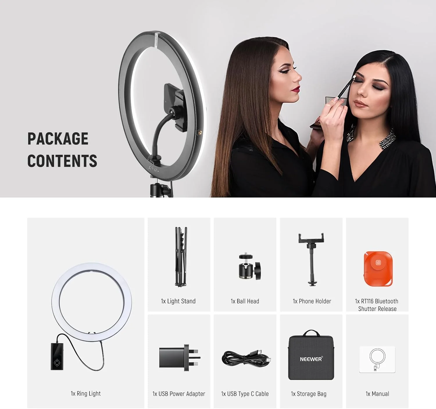 حلقه نور LED پرقدرت 12 اینچی 24 واتی NEEWER برای گوشی با پایه 71 اینچی، دو رنگ 2900K-7000K، ورودی USB Type C PD، CRI97+ 1810lux/0.5m، 12 صحنه برای آرایش، پخش زنده، تماس های زوم، TikTok، مدل RH12B حلقه نور LED پرقدرت 12 اینچی 24 واتی NEEWER برای گوشی با پایه 71 اینچی، دو رنگ 2900K-7000K، ورودی USB Type C PD، CRI97+ 1810lux/0.5m، 12 صحنه برای آرایش، پخش زنده، تماس های زوم، TikTok، مدل RH12B