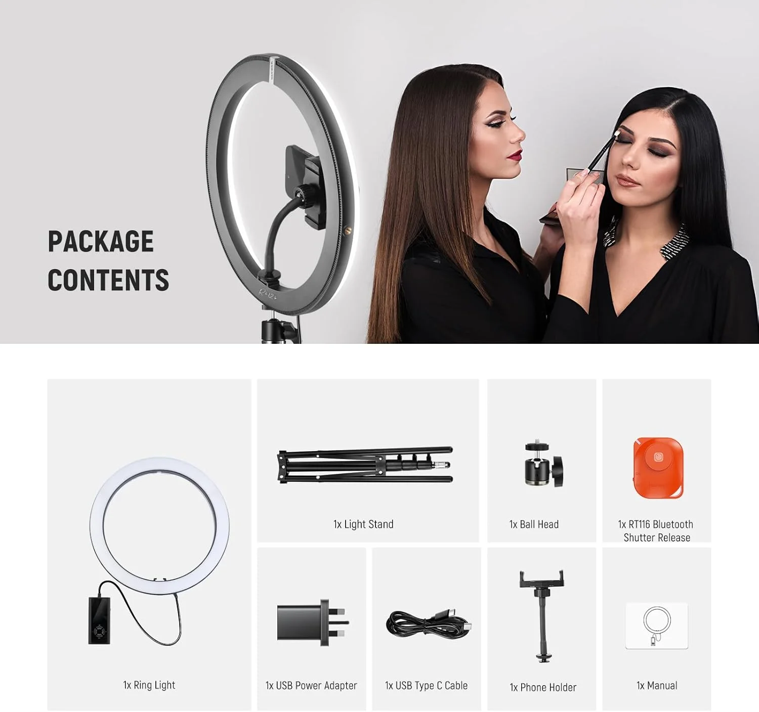 نور حلقه ای LED نیور 12 اینچی 24 واتی با پایه سه پایه، دو رنگ 2900-7000K، ورودی USB C PD، CRI97+ 1810lux/0.5m سازگار با آیفون، استودیو آرایش، استریمینگ، ضبط ویدیو سلفی، RH12B K2 نور حلقه ای LED نیور 12 اینچی 24 واتی با پایه سه پایه، دو رنگ 2900-7000K، ورودی USB C PD، CRI97+ 1810lux/0.5m سازگار با آیفون، استودیو آرایش، استریمینگ، ضبط ویدیو سلفی، RH12B K2