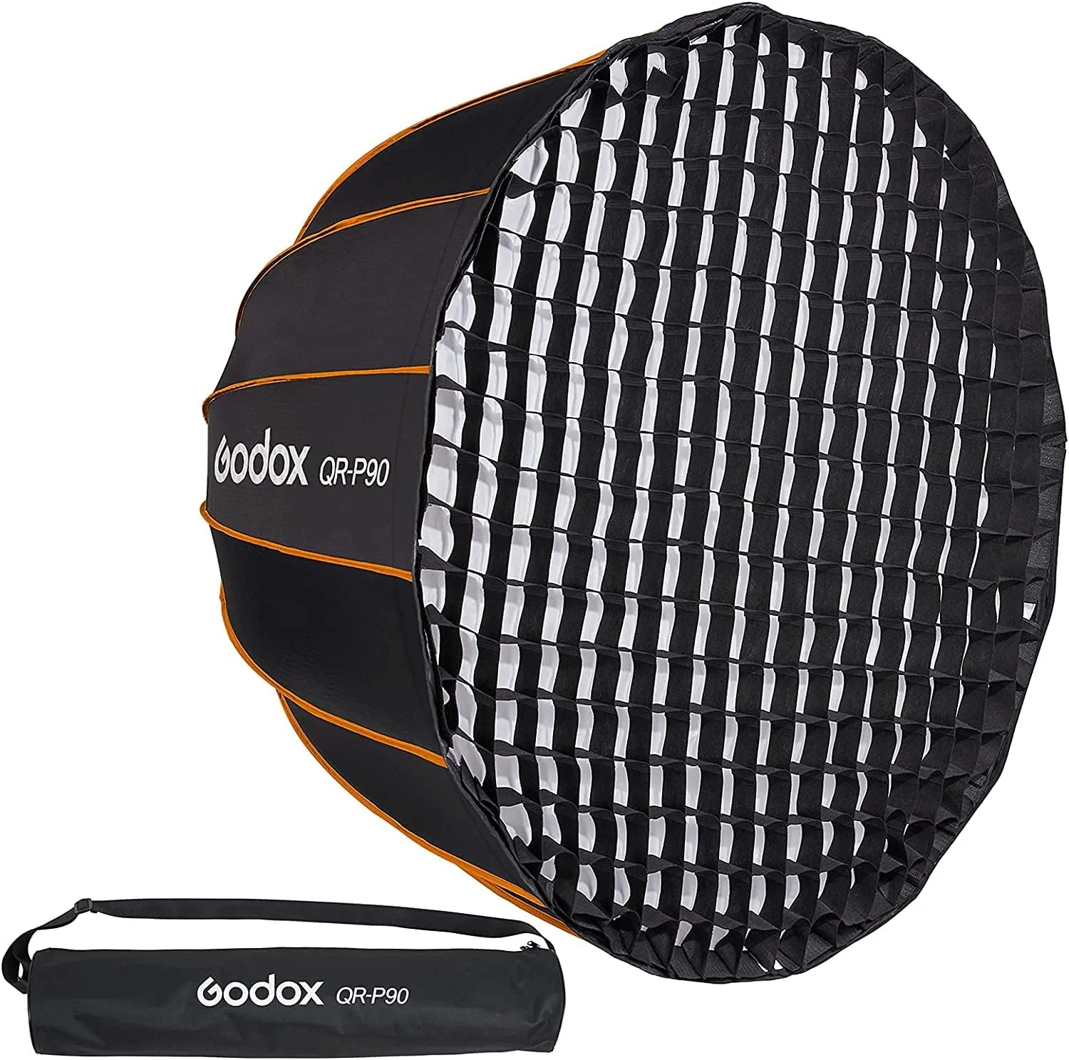 سافت باکس پارابولیک عمیق سریع بازشو گودکس GODOX QR-P90 با قطر 90 سانتی متر + شبکه لانه زنبوری برای فلاش استودیویی با مانت بوئنز، دیفیوزر چتری فلاش استودیویی (Godox QR-P90+ Honeycomb Grid)