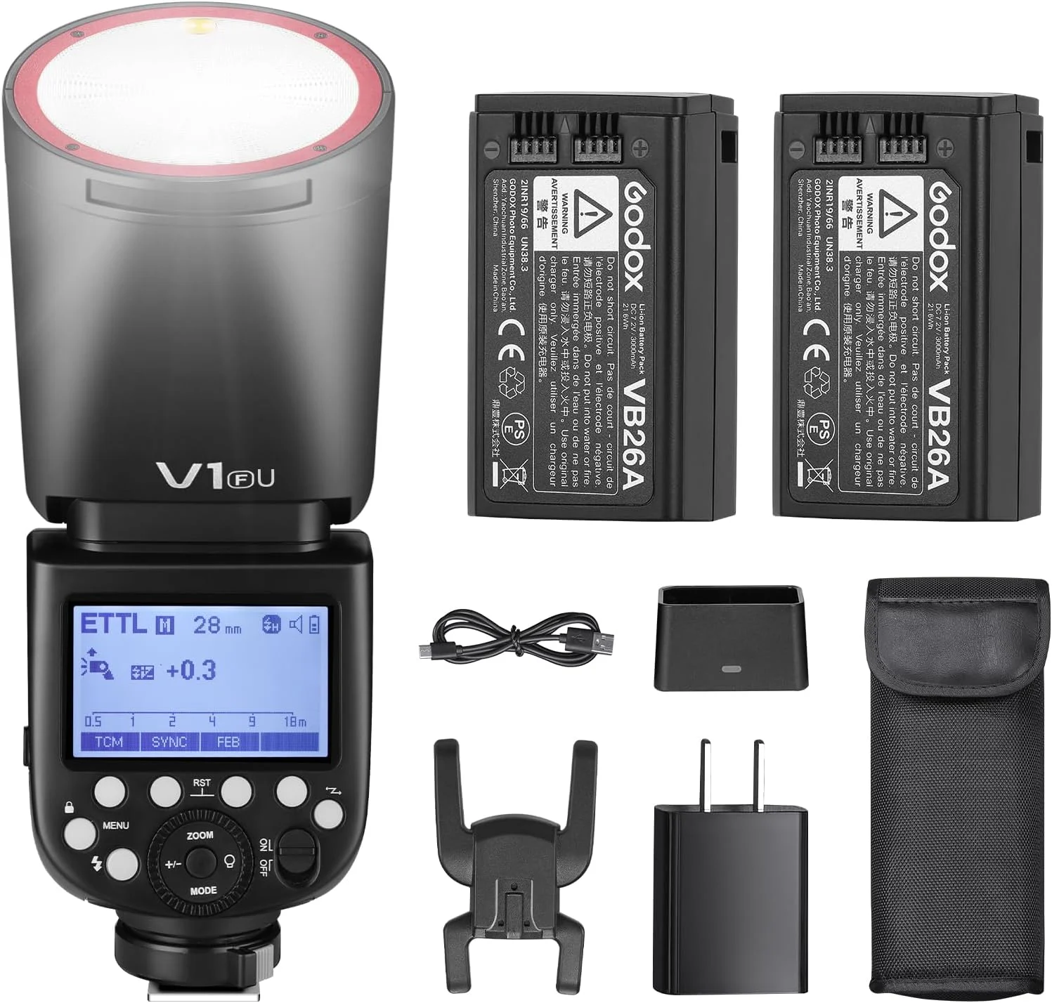 فلاش Godox V1 نسخه ایالات متحده آمریکا برای دوربین فوجی به همراه باتری یدکی 76 وات 2600 میلی آمپر ساعت TTL با سر گرد، فلاش پرسرعت 480 شات با قدرت کامل 1/8000 ثانیه HSS زمان بازیافت 1.5 ثانیه لامپ مدلینگ LED 10 سطح (V1 برای فوجی)