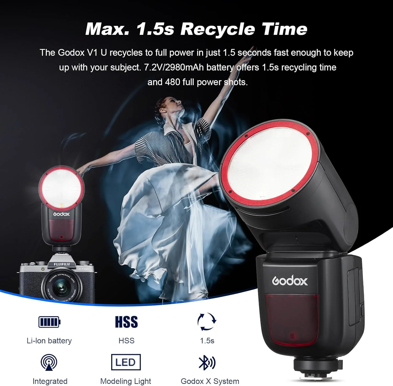 فلاش Godox V1 نسخه ایالات متحده آمریکا برای دوربین فوجی به همراه باتری یدکی 76 وات 2600 میلی آمپر ساعت TTL با سر گرد، فلاش پرسرعت 480 شات با قدرت کامل 1/8000 ثانیه HSS زمان بازیافت 1.5 ثانیه لامپ مدلینگ LED 10 سطح (V1 برای فوجی) فلاش Godox V1 نسخه ایالات متحده آمریکا برای دوربین فوجی به همراه باتری یدکی 76 وات 2600 میلی آمپر ساعت TTL با سر گرد، فلاش پرسرعت 480 شات با قدرت کامل 1/8000 ثانیه HSS زمان بازیافت 1.5 ثانیه لامپ مدلینگ LED 10 سطح (V1 برای فوجی)