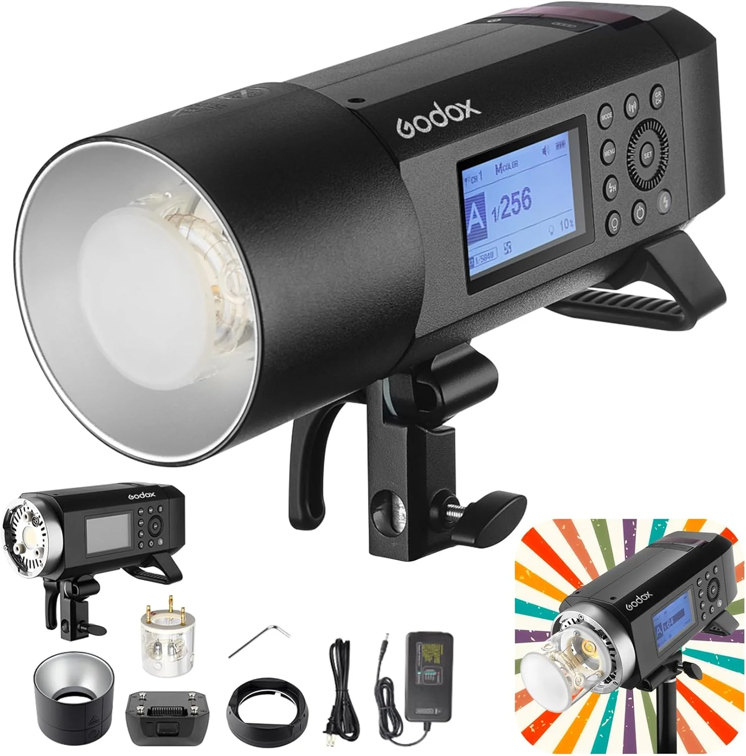 فلاش استودیویی حرفه ای Godox AD400PRO با مانت Godox و Bowens، عدد راهنمای GN72 400Ws، TTL 2.4G HSS 1/8000S 5600K±200K، باتری 21.6V/2600mAh، زمان بازیافت 0.01-1 ثانیه، لامپ مدلینگ 30W برای عکاسی پرتره/محصول