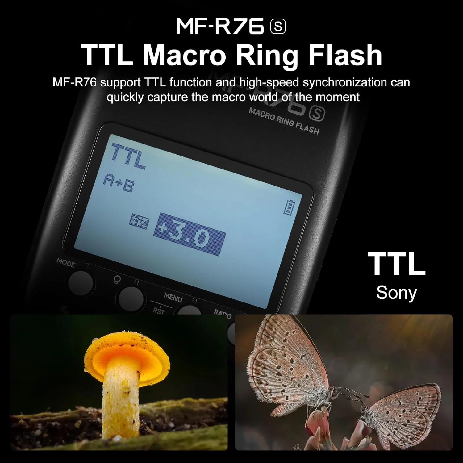 فلاش حلقوی ماکرو گودکس MF-R76S برای سونی TTL/M حالت CCT 5900K 76Ws کنترل بیسیم 2.4G 550 فلاش با قدرت کامل زمان بازیافت 0.1-1 ثانیه لولههای فلاش دوقلو با صفحه نمایش LCD برای عکاسی از حشرات، گیاهان و جواهرات فلاش حلقوی ماکرو گودکس MF-R76S برای سونی TTL/M حالت CCT 5900K 76Ws کنترل بیسیم 2.4G 550 فلاش با قدرت کامل زمان بازیافت 0.1-1 ثانیه لولههای فلاش دوقلو با صفحه نمایش LCD برای عکاسی از حشرات، گیاهان و جواهرات