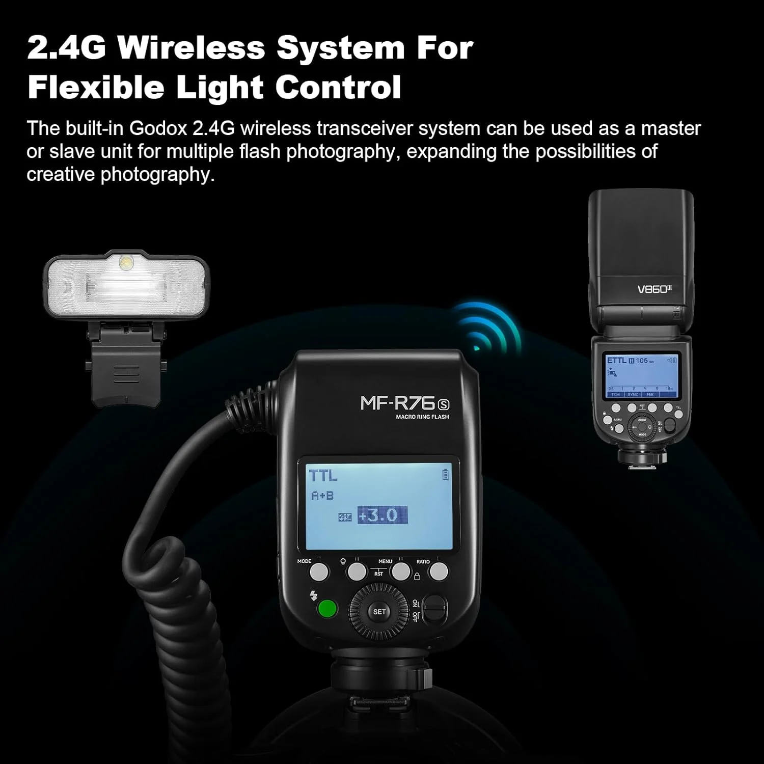 فلاش حلقوی ماکرو گودکس MF-R76S برای سونی TTL/M حالت CCT 5900K 76Ws کنترل بیسیم 2.4G 550 فلاش با قدرت کامل زمان بازیافت 0.1-1 ثانیه لولههای فلاش دوقلو با صفحه نمایش LCD برای عکاسی از حشرات، گیاهان و جواهرات فلاش حلقوی ماکرو گودکس MF-R76S برای سونی TTL/M حالت CCT 5900K 76Ws کنترل بیسیم 2.4G 550 فلاش با قدرت کامل زمان بازیافت 0.1-1 ثانیه لولههای فلاش دوقلو با صفحه نمایش LCD برای عکاسی از حشرات، گیاهان و جواهرات