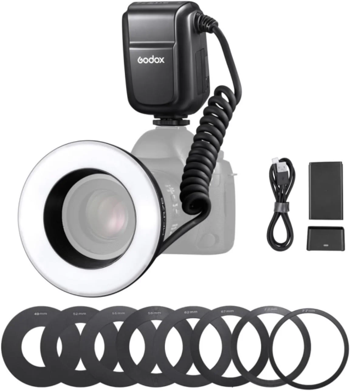 فلاش حلقوی ماکرو Godox MF-R76 با عدد راهنمای GN14، روشنایی قابل تنظیم 10 سطحی با 8 عدد حلقه آداپتور جایگزین برای دوربین های DSLR کانن نیکون سونی فوجی المپوس پاناسونیک پنتاکس