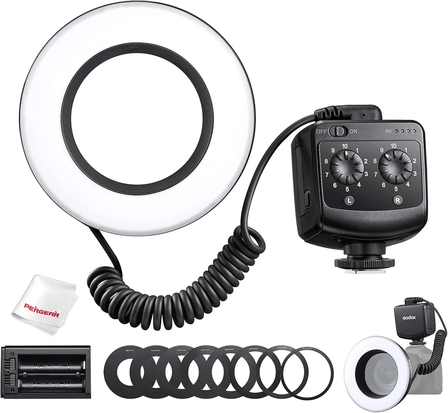فلاش حلقوی ماکرو LED گودکس RING72 با TLCI 97+ و CRI 96+، دمای رنگ 5600K، روشنایی 8W، به همراه 8 حلقه آداپتور لنز سازگار با دوربین های DSLR کانن، نیکون و سایر دوربین ها، به همراه دستمال Pergear