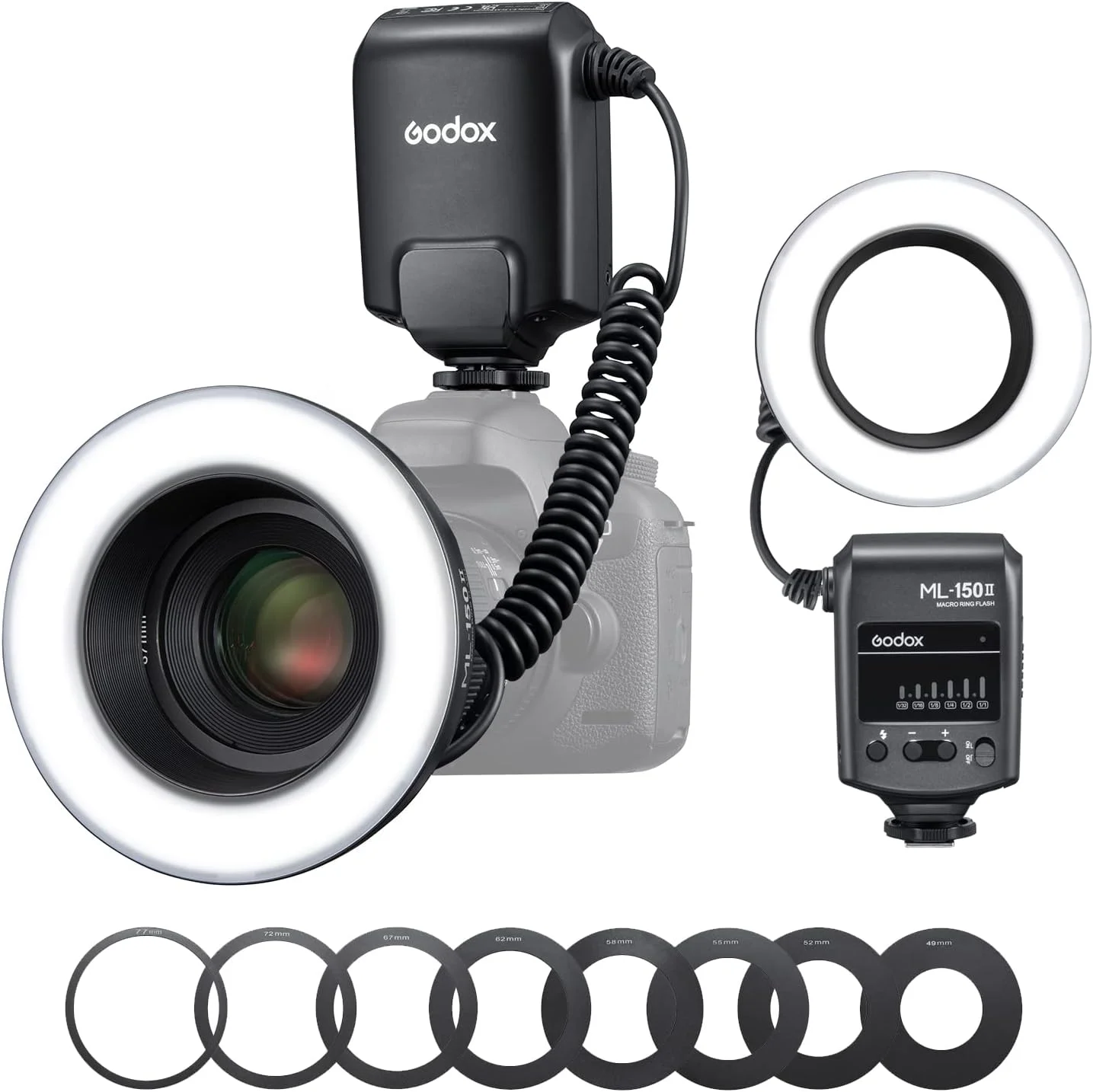 ست فلاش حلقوی ماکرو LED قابل حمل Godox ML150II با انتخاب توان 6 سطحی (1/32-1/1) 5800 کلوین ± 200 کلوین قابل تنظیم برای Nikon/Canon/Panasonic/Olympus/Sony با 8 عدد حلقه آداپتور