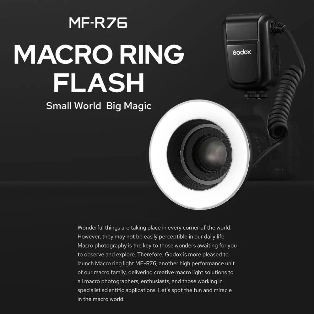 فلاش حلقوی ماکرو Godox MF-R76 با عدد راهنمای GN14، روشنایی قابل تنظیم 10 سطحی با 8 عدد حلقه آداپتور جایگزین برای دوربین های DSLR کانن نیکون سونی فوجی المپوس پاناسونیک پنتاکس فلاش حلقوی ماکرو Godox MF-R76 با عدد راهنمای GN14، روشنایی قابل تنظیم 10 سطحی با 8 عدد حلقه آداپتور جایگزین برای دوربین های DSLR کانن نیکون سونی فوجی المپوس پاناسونیک پنتاکس