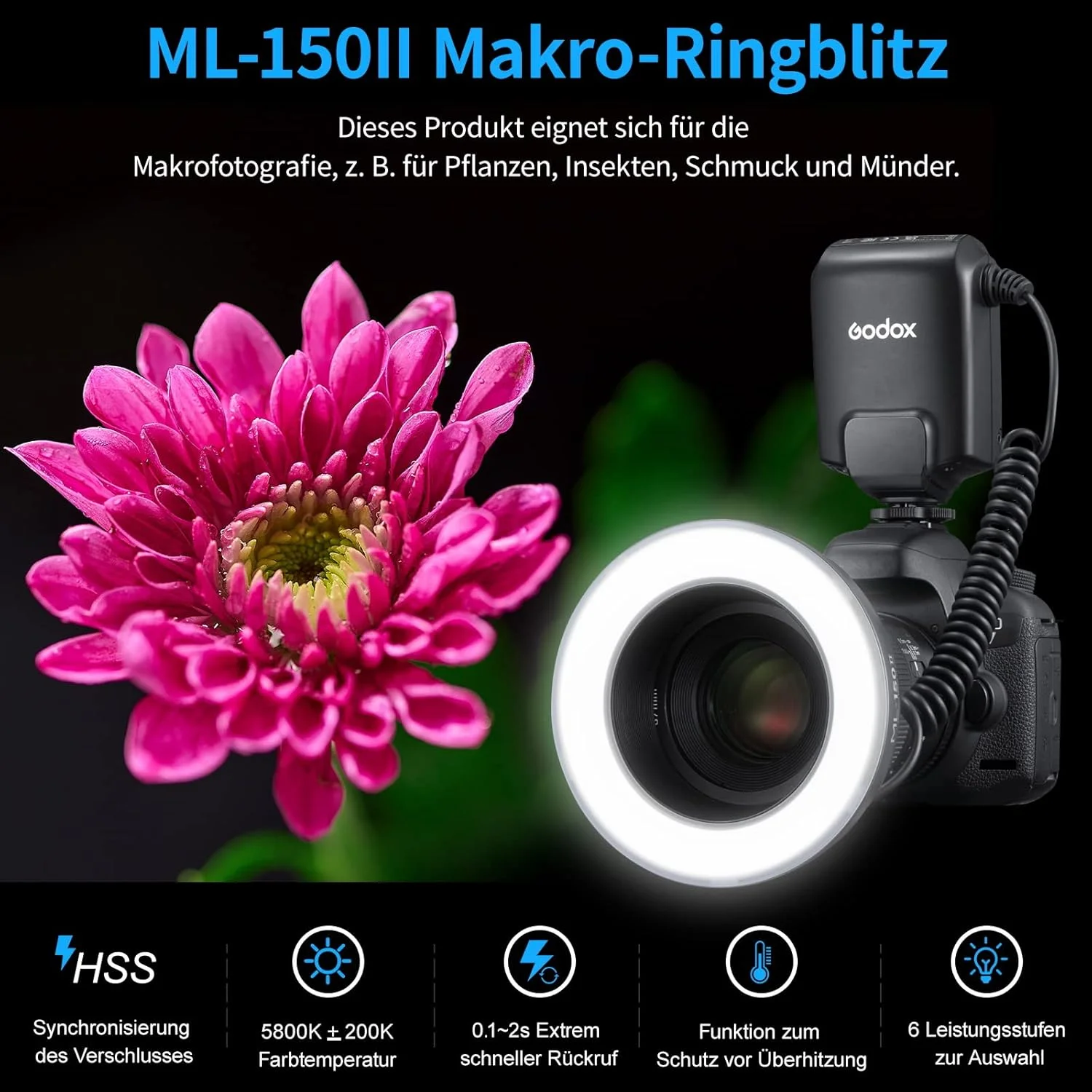 ست فلاش حلقوی ماکرو LED قابل حمل Godox ML150II با انتخاب توان 6 سطحی (1/32-1/1) 5800 کلوین ± 200 کلوین قابل تنظیم برای Nikon/Canon/Panasonic/Olympus/Sony با 8 عدد حلقه آداپتور ست فلاش حلقوی ماکرو LED قابل حمل Godox ML150II با انتخاب توان 6 سطحی (1/32-1/1) 5800 کلوین ± 200 کلوین قابل تنظیم برای Nikon/Canon/Panasonic/Olympus/Sony با 8 عدد حلقه آداپتور