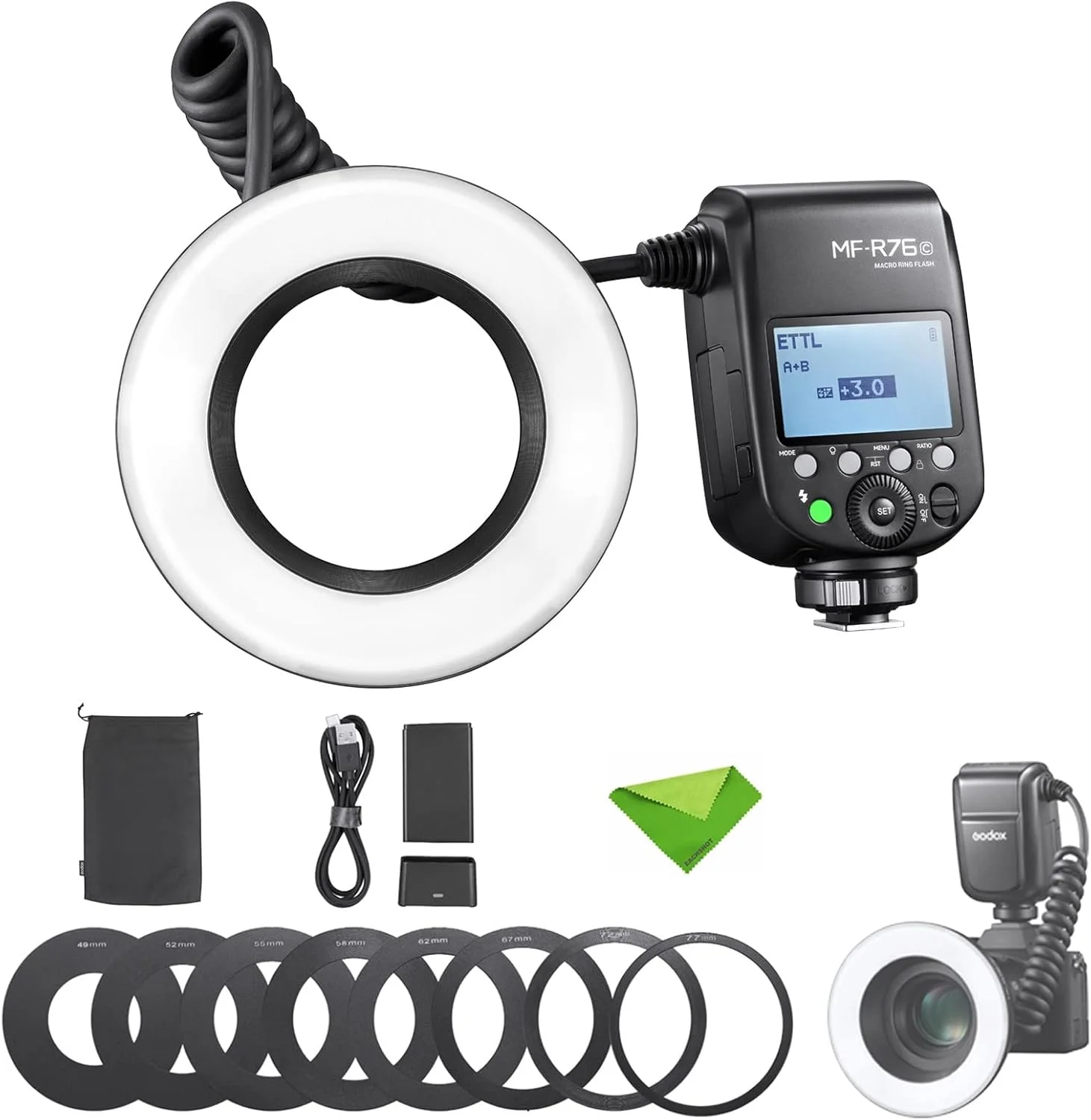 فلاش حلقوی ماکرو TTL گودکس MF-R76C با توان 76 وات، HSS، بی‌سیم 2.4G، عدد راهنمای 14، دمای رنگ 5900K، 550 فلاش با توان کامل، زمان بازیافت 0.1-1 ثانیه، لوله‌های فلاش دوگانه، اسپیدلایت برای دوربین‌های کانن برای عکاسی از حیوانات، گیاهان و غیره
