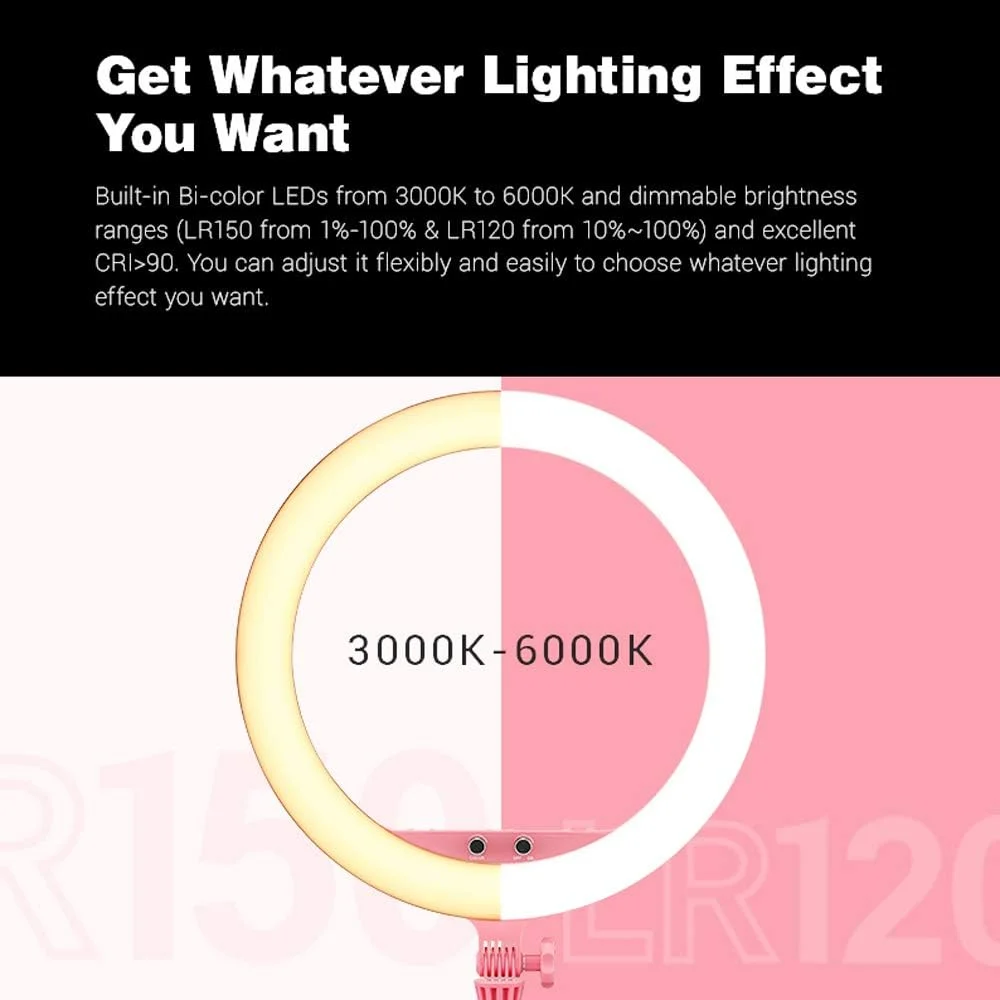 حلقه نور ال ای دی گودکس LR150، توان بالا 38 وات، دمای رنگ قابل تنظیم 3000K-6000K، 1400 LUX@0.5m، دیمینگ پیوسته 1%-100%، CRI & TLCI >90، ایده آل برای ویدیوهای یوتیوب، پخش زنده حلقه نور ال ای دی گودکس LR150، توان بالا 38 وات، دمای رنگ قابل تنظیم 3000K-6000K، 1400 LUX@0.5m، دیمینگ پیوسته 1%-100%، CRI & TLCI >90، ایده آل برای ویدیوهای یوتیوب، پخش زنده