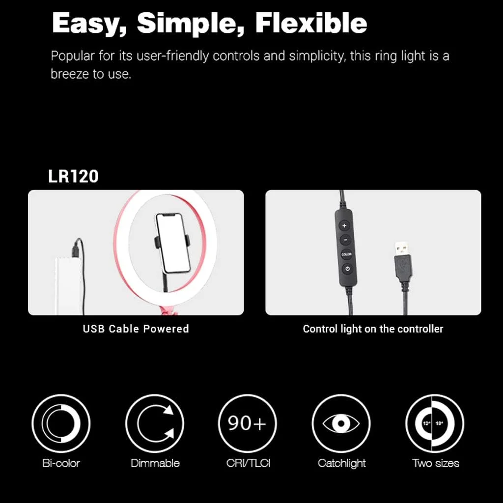 حلقه نور ال ای دی گودکس مدل LR120، توان 10 وات با دمای رنگ قابل تنظیم 3000K-6000K، شدت روشنایی 550 LUX در 0.5 متر، دیمر پیوسته 10%-100%، CRI و TLCI >90، ایده آل برای ولاگ، پخش زنده، عکاسی پرتره حلقه نور ال ای دی گودکس مدل LR120، توان 10 وات با دمای رنگ قابل تنظیم 3000K-6000K، شدت روشنایی 550 LUX در 0.5 متر، دیمر پیوسته 10%-100%، CRI و TLCI >90، ایده آل برای ولاگ، پخش زنده، عکاسی پرتره