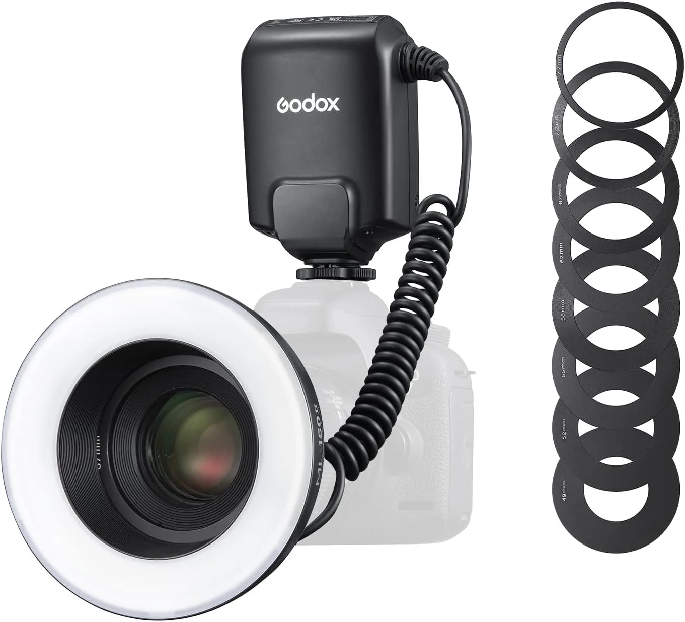 فلاش حلقوی ماکرو Godox ML150II، نور عالی برای عکاسی ماکرو، 4 عدد باتری آلکالاین AA، روشنایی قابل تنظیم، عدد راهنمای بالا GN12