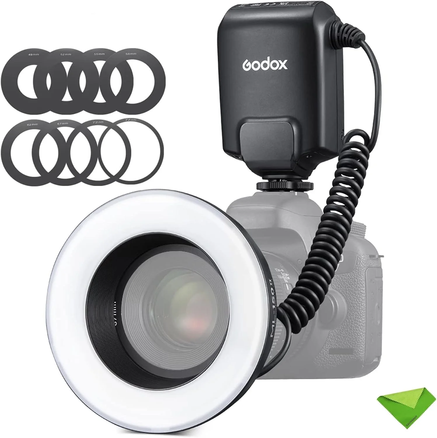 فلاش حلقه ای ماکرو LED گودکس ML-150II با عدد راهنمای 12، زمان بازیافت 0.1-2 ثانیه، دمای رنگ 5800K±200K برای دوربین های DSLR سونی، کانن، نیکون، فوجی، الیمپوس، پاناسونیک، مناسب برای تولید ویدیو، عکاسی از حیوانات و گیاهان