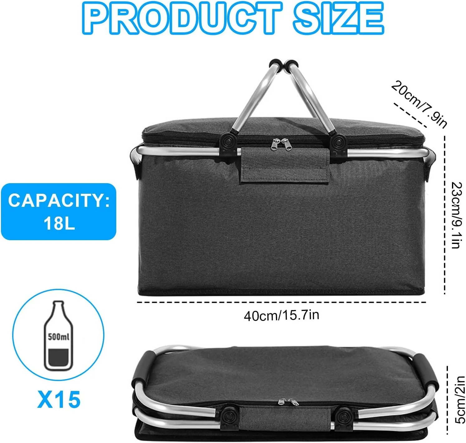 سبد خرید تاشو Jinfanshurich با درب، عملکرد خنک کننده 4 ساعته و ضد آب، حمل آسان (15 عدد 500 میلی لیتری)، جمع و جور برای سوپرمارکت، پیک نیک، کمپینگ