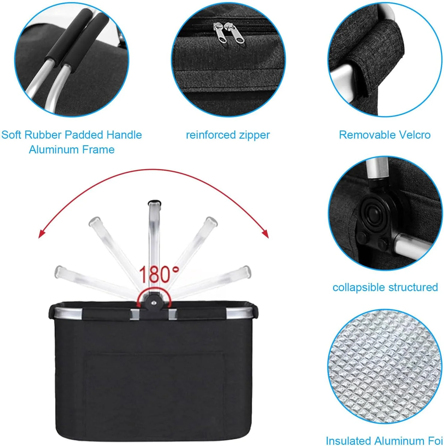 سبد خرید تاشو Jinfanshurich با درب، عملکرد خنک کننده 4 ساعته و ضد آب، حمل آسان (15 عدد 500 میلی لیتری)، جمع و جور برای سوپرمارکت، پیک نیک، کمپینگ