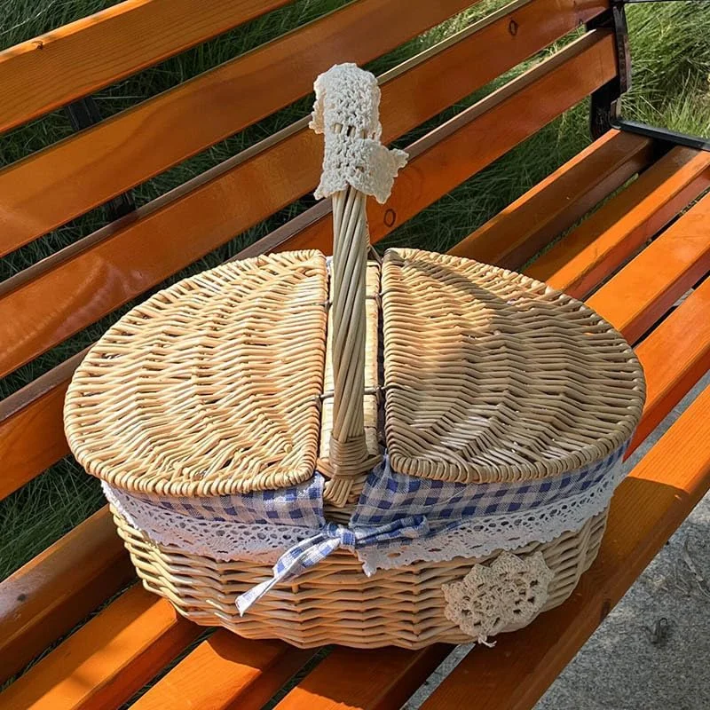 سبد پیک نیک حصیری راتان با درب، سبد گل، سبد خرید، سبد ابزار نظافت هتل، سبد روستایی (آبی)