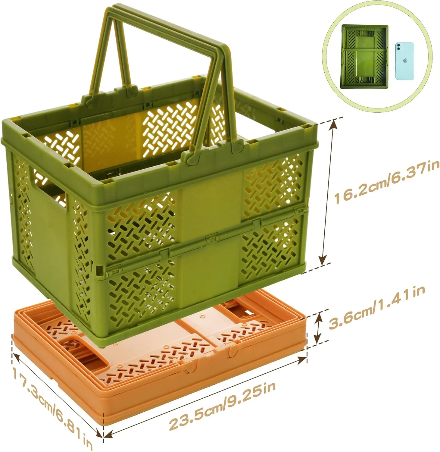بسته 2 عددی سبد پلاستیکی دسته دار Spesh، 23 × 17 سانتی متر، جعبه تاشو کوچک تاشو برای خرید، کمپینگ، پیک نیک (نارنجی + سبز)