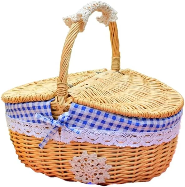 سبد پیک نیک حصیری راتان با درب، سبد گل، سبد خرید، سبد ابزار نظافت هتل، سبد روستایی (آبی)