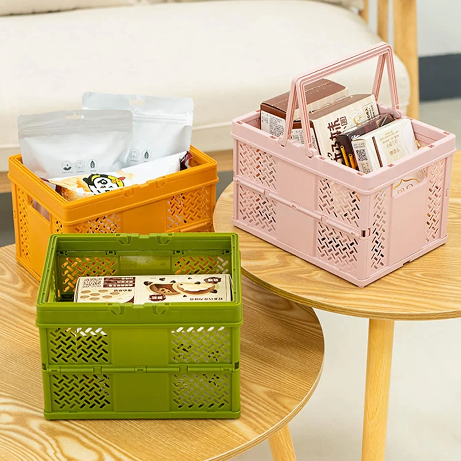 بسته 2 عددی سبد پلاستیکی دسته دار Spesh، 23 × 17 سانتی متر، جعبه تاشو کوچک تاشو برای خرید، کمپینگ، پیک نیک (نارنجی + سبز)