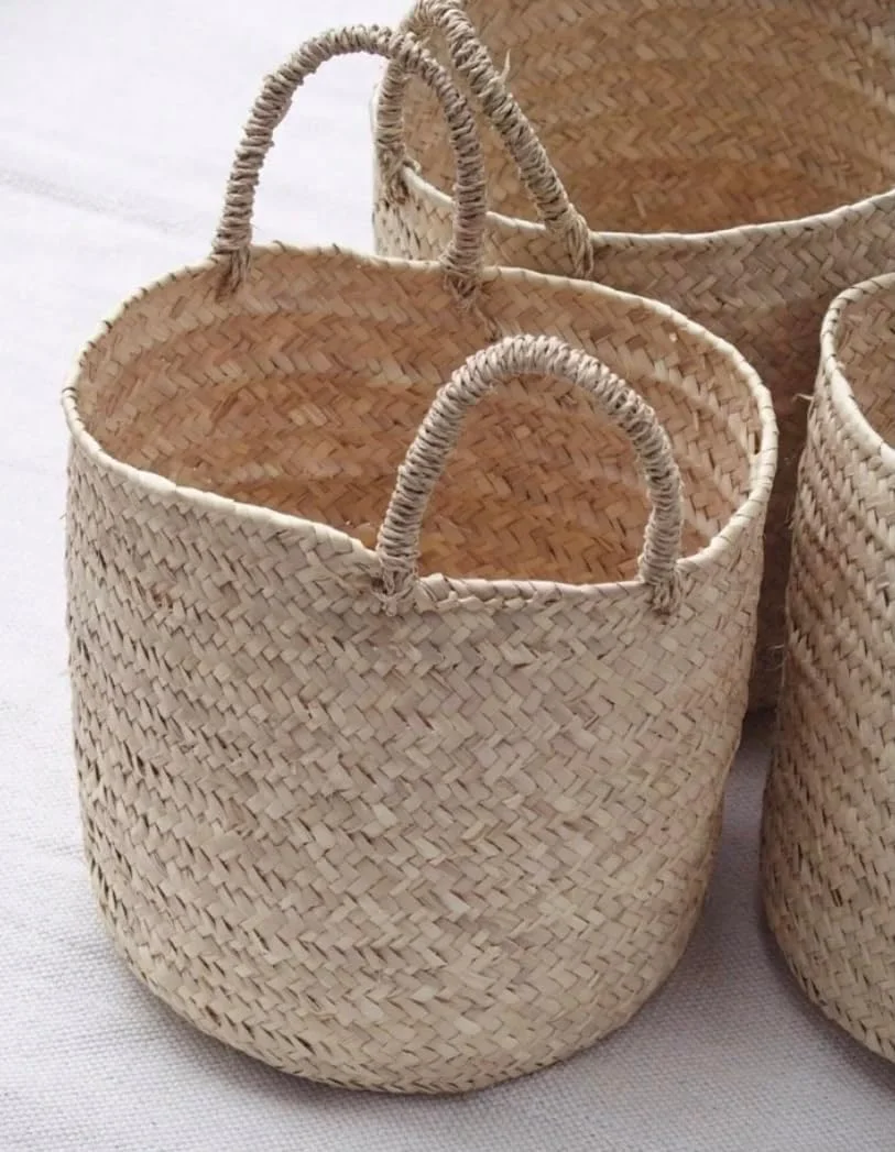 سبد برگ نخل مستقیم بزرگ، سبد حصیری ذخیره سازی، کیف خرید عالی برای خریدهای روزانه شما، برای یک روز در ساحل، دکوراسیون بوهمی. سایز 30 * 30 سانتی متر