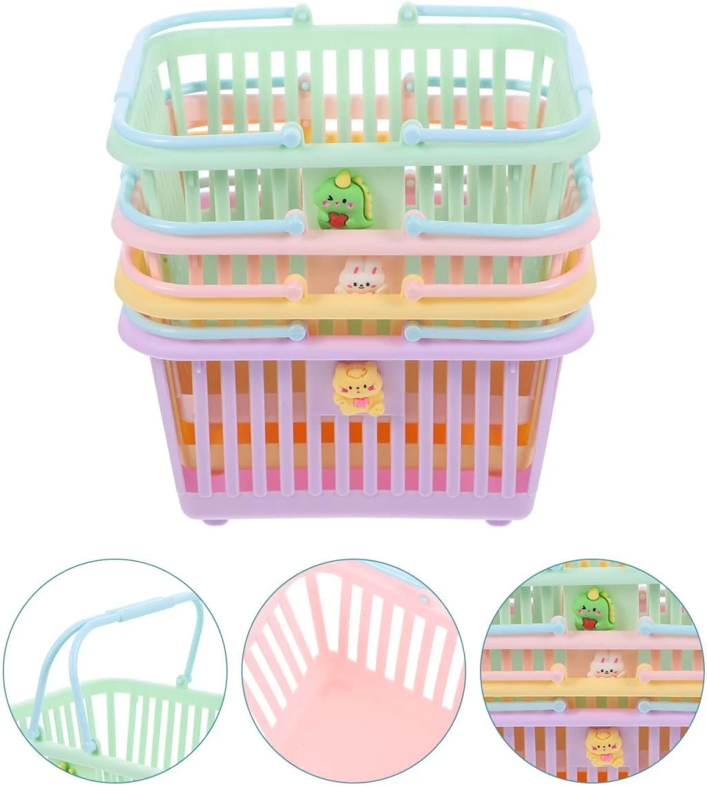 درسوس بسته 4 عددی سبد پلاستیکی مستطیلی رنگارنگ، بازی نقش آفرینی خرید، سبد تخم مرغ عید پاک، سبد مینی، ذخیره سازی، چرخ دستی، پیاده روی، پلاستیکی، کارتونی، غذا، کودک