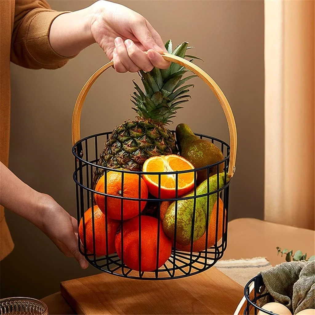 سبد ذخیره سازی میوه گرد قابل حمل BLZQSQ، سبد گل کلم خرید اتاق نشیمن منزل، سبد پیک نیک (رنگ: مشکی، سایز: بزرگ)