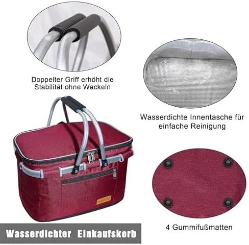 سبد خرید خنک نگهدارنده ABIUBIU، سبد بزرگ عایق دار، کیف ناهار، گرم کننده اداری، پشتیبانی جانبی، 2 دسته، ایستاده (زرشکی)