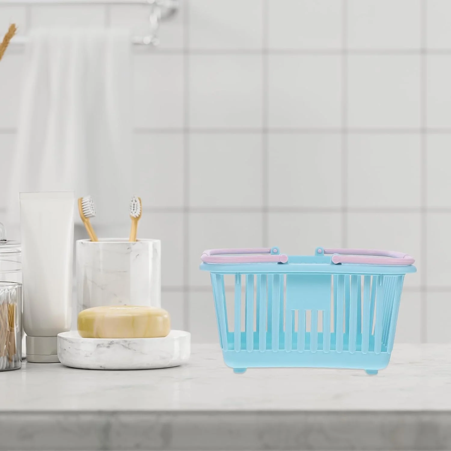 Housoutil 2 عدد سبد خرید اسباب بازی مینی سبد خرید مواد غذایی کودکان با دسته سبد تخم مرغ عید پاک آشپزخانه بازی وانمودی سبد ذخیره سازی کوچک اسباب بازی برای کودکان نوپا مهمانی آبی صورتی