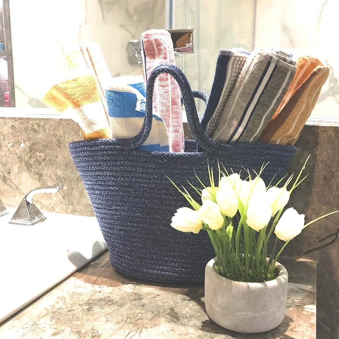 سبد بیضی بزرگ چند منظوره پلی پروپیلن ST SAPROSE، کیف غذا، کیف حمل، کیف خرید، سازمان دهنده، کیف دستی برای جعبه ناهار، سبد بافت مو (سبد بزرگ، سرمه ای ملانژ ایرانی)