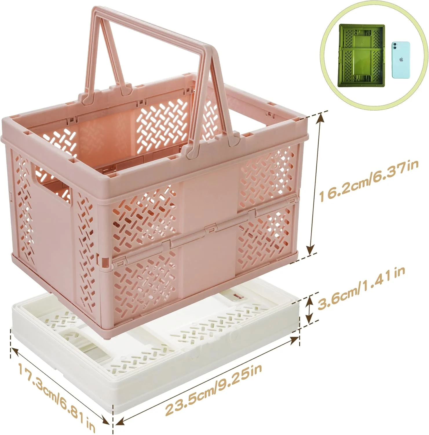 ست 2 عددی سبد خرید تاشو Spesh، ابعاد 24cm*18cm، سبد خرید کوچک تاشو کودکانه با دسته، سبدهای پلاستیکی کوچک برای پیک نیک، خرید، کمپینگ (سفید+صورتی)