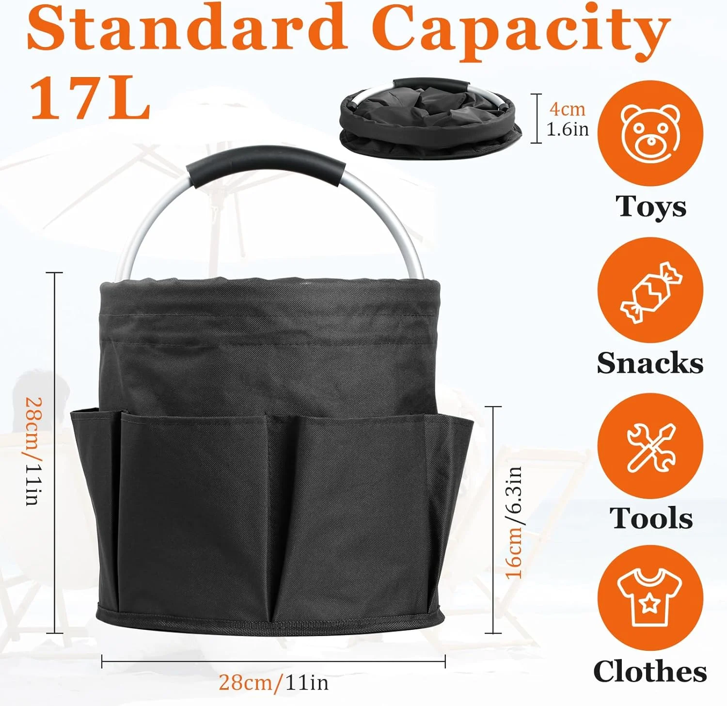 IHOMAGIC بسته 2 عددی سازمان دهنده لوازم تمیز کننده تاشو، سبد خرید 17 لیتری با دسته و 6 جیب، کیف ابزار پارچه آکسفورد قابل حمل، سبد ذخیره سازی چند منظوره برای مسافرت، تمیز کردن، مشکی