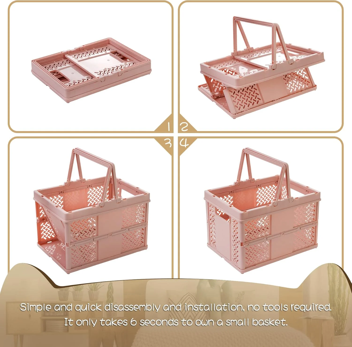 ست 2 عددی سبد خرید تاشو Spesh، ابعاد 24cm*18cm، سبد خرید کوچک تاشو کودکانه با دسته، سبدهای پلاستیکی کوچک برای پیک نیک، خرید، کمپینگ (سفید+صورتی)