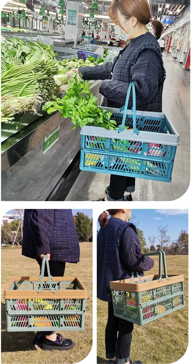 سبدهای خرید پلاستیکی تاشو، سبد پیک نیک، ظروف نگهداری تاشو قابل حمل با دسته، سبدهای سازمان دهنده مواد غذایی برای صندوق عقب خودرو، باغ، آشپزخانه، خرید
