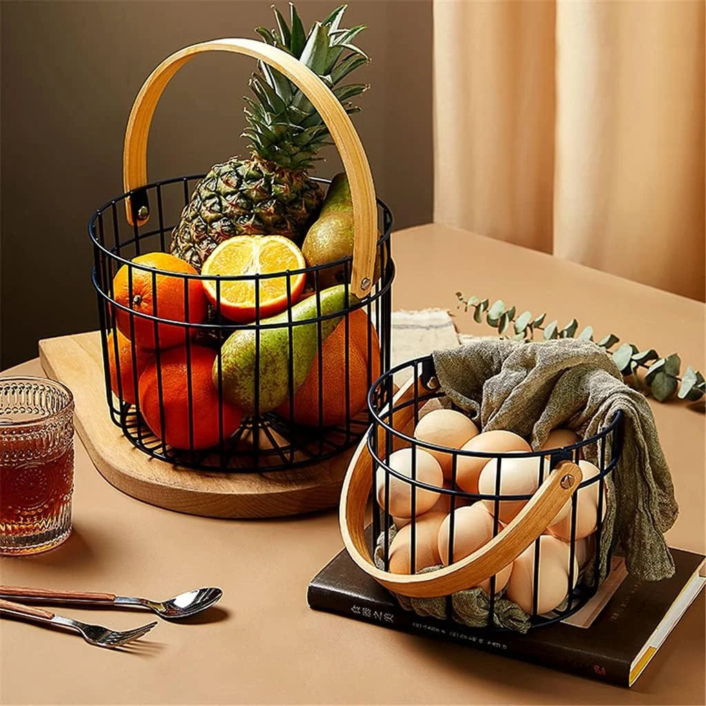 WTFJZ سبد ذخیره سازی میوه گرد قابل حمل از جنس آهن فرفورژه، سبد گل کلم برای خرید و پیک نیک در اتاق نشیمن منزل (رنگ: سبز، سایز: کوچک)