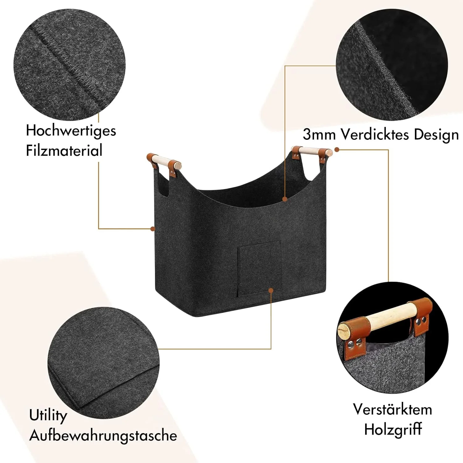 کیف نمدی ریواسن 45x32x40 سانتی متر با دسته، سبد خرید، کیف هیزم تاشو برای حمل چوب، روزنامه، اسباب بازی، خرید، خاکستری تیره