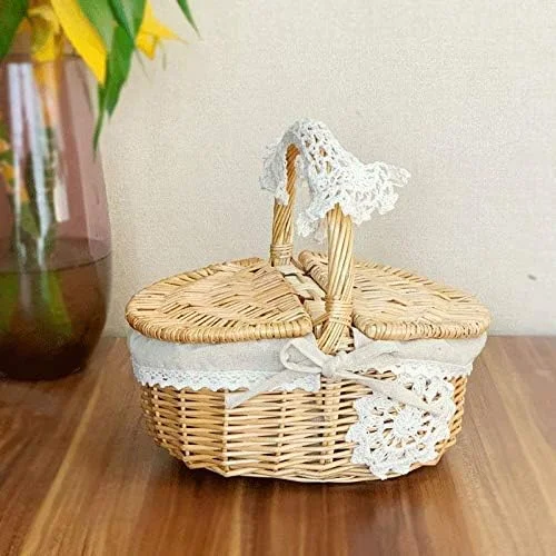 سبد خرید حصیری دستباف XRTLYH، سبد ذخیره سازی، سبد میوه حصیری بافته شده روستایی با درب سبد خرید حصیری دستباف XRTLYH، سبد ذخیره سازی، سبد میوه حصیری بافته شده روستایی با درب