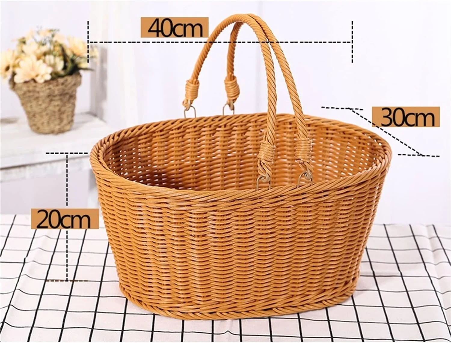 سبد حصیری، سبد خرید بافته شده حصیری طرح راتان، سبد نگهداری سبزیجات، سبد گل دستی، سبد پیک نیک، سبد میوه