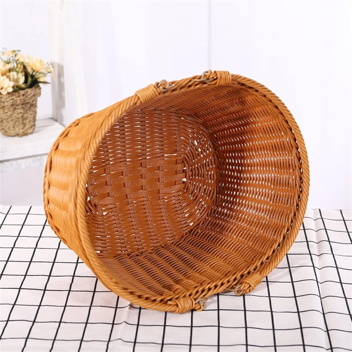 سبد حصیری، سبد خرید بافته شده حصیری طرح راتان، سبد نگهداری سبزیجات، سبد گل دستی، سبد پیک نیک، سبد میوه