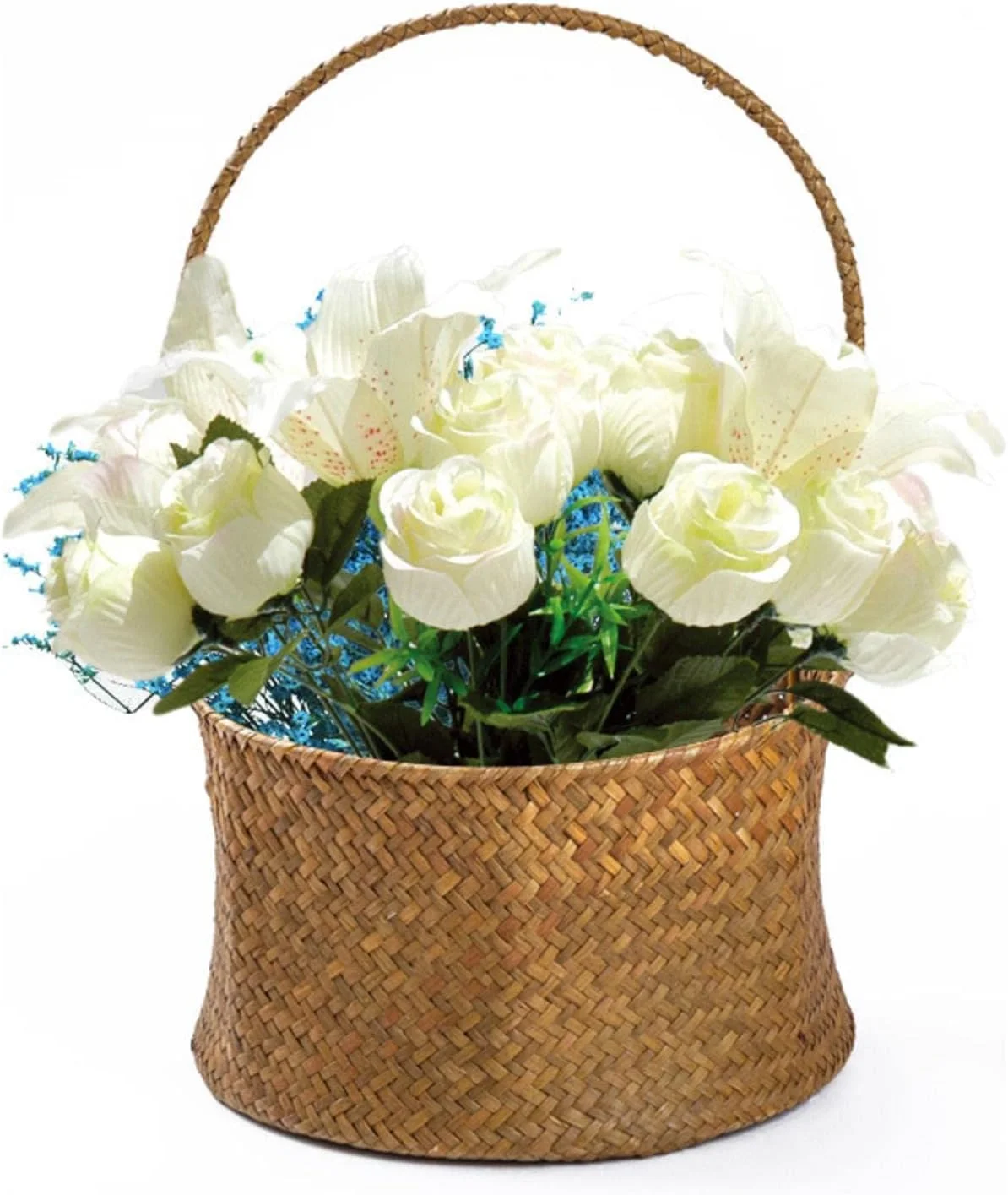 گلدان حصیری رنگی کامل با دسته، سبد خرید، صنایع دستی، سبد گرد بافت دست ساز