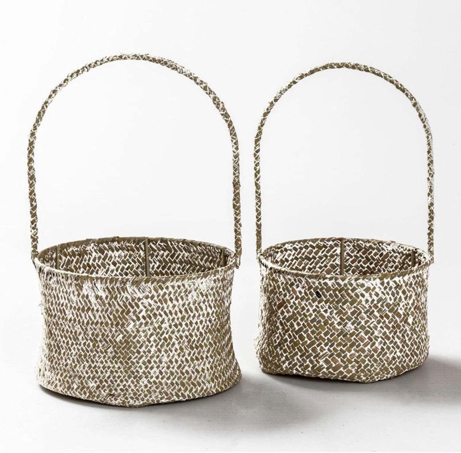 گلدان حصیری رنگی کامل با دسته، سبد خرید، صنایع دستی، سبد گرد بافت دست ساز