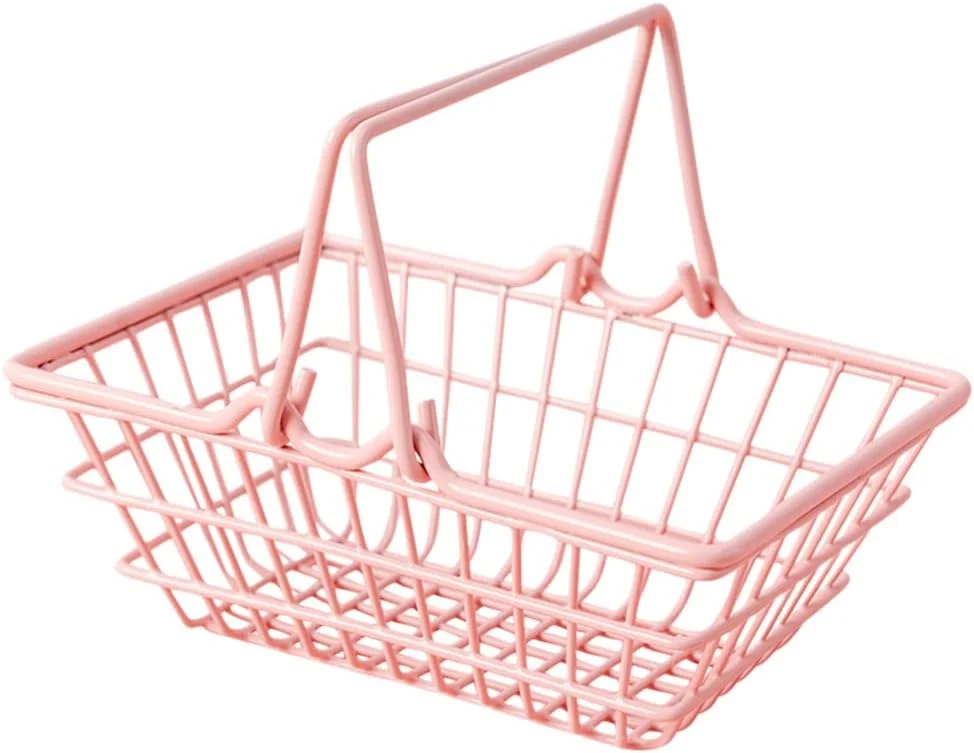 سبد خرید کوچک اسباب بازی GPPX: سبد خرید مینیاتوری صورتی با دسته برای کودکان نوپا، هدیه مهمانی، بازی وانمودی آشپزخانه، سبد ذخیره سازی، سبد خرید متفرقه خانگی