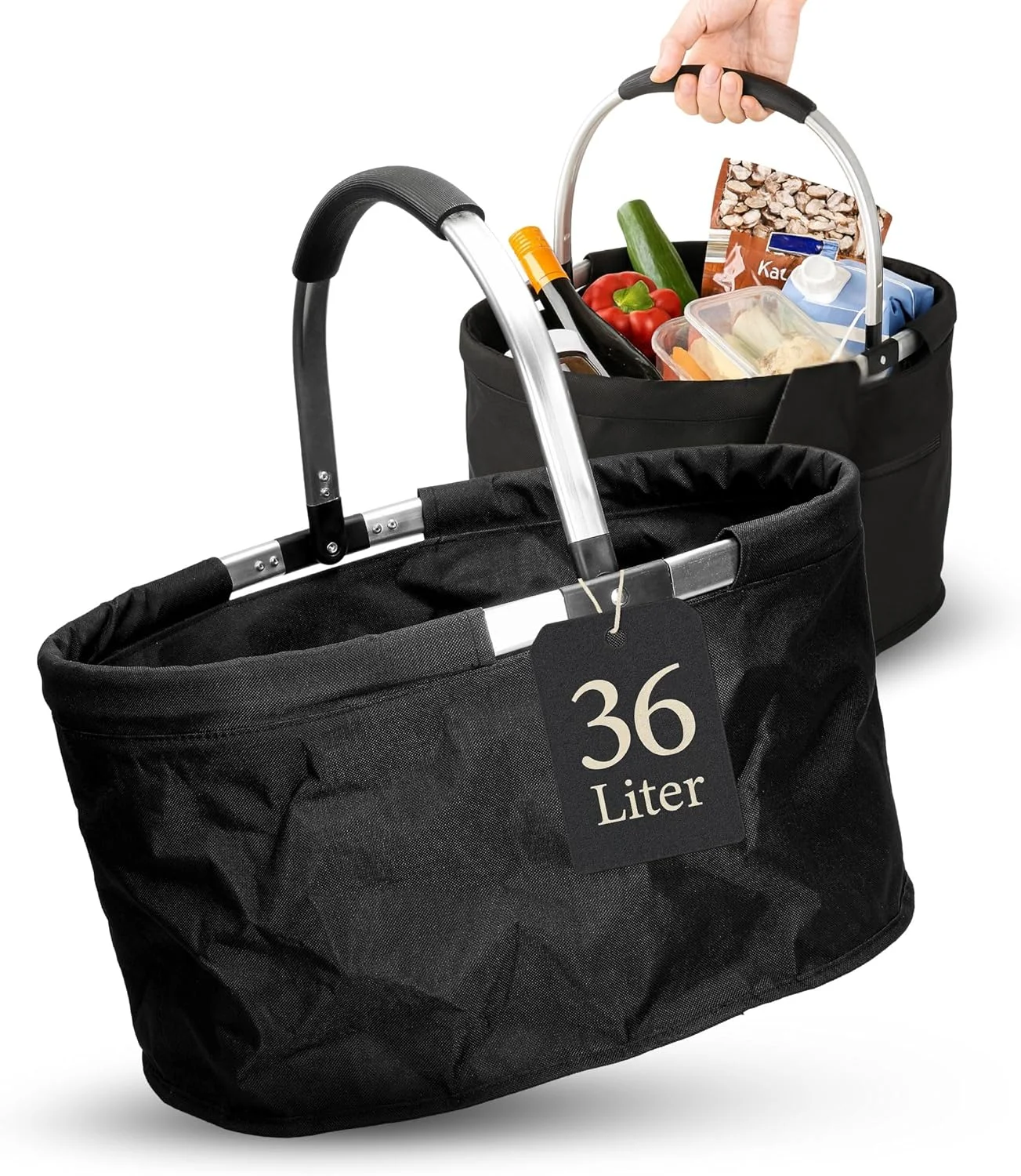 سبد خرید تاشو 'سیلندر'، 36 لیتری، سبد پیک نیک مقاوم با دسته ارگونومیک برای مسافرت، ایده هدیه برای مادر در روز مادر، سبد تاشو، مشکی با فضای ذخیره سازی زیاد