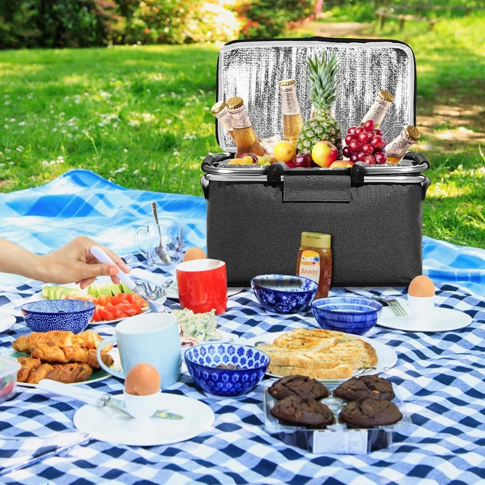 سبد خرید خنک نگهدارنده 18 لیتری: سبد خرید عایق دار و تاشو با میله نگهدارنده پد دار، دارای درب، مناسب پیک نیک، کمپینگ، مسافرت و کیف داخلی (مشکی)