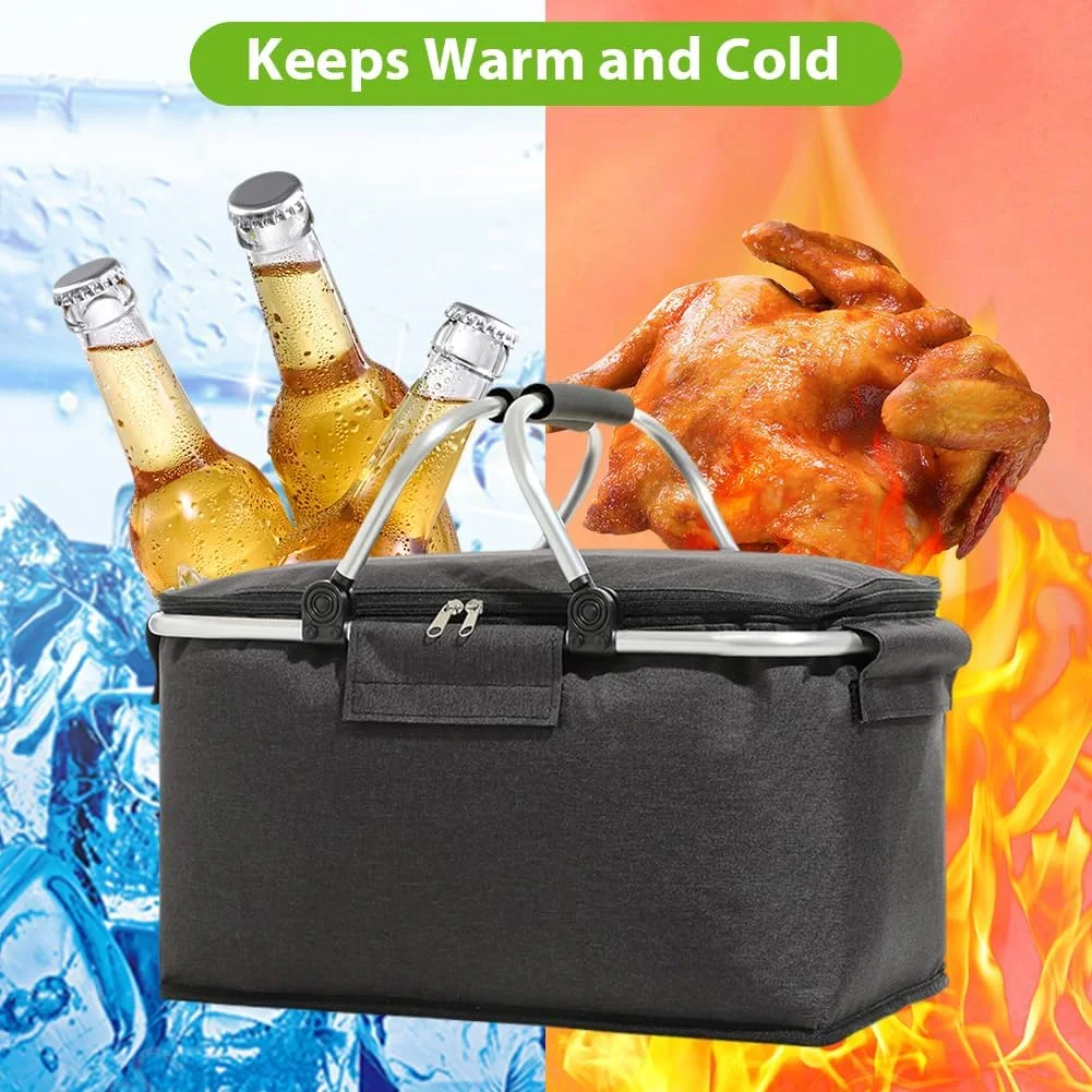 سبد خرید خنک نگهدارنده 18 لیتری: سبد خرید عایق دار و تاشو با میله نگهدارنده پد دار، دارای درب، مناسب پیک نیک، کمپینگ، مسافرت و کیف داخلی (مشکی)