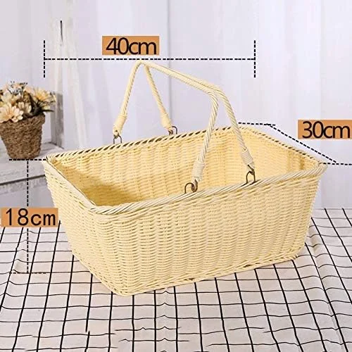 سبد خرید حصیری بافته شده قابل حمل سبد نگهداری سبزیجات سبد گل قابل حمل سبد پیک نیک در فضای باز سبد میوه (سایز: 34 * 27 * 17 سانتی متر)