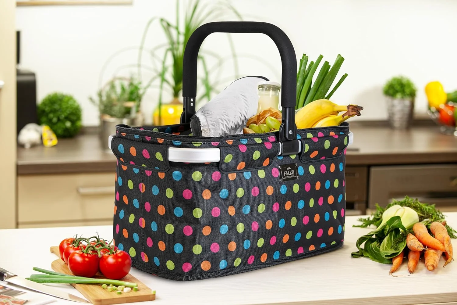 سبد خرید حرارتی Genius Falko مشکی با خال های رنگارنگ | ساک خرید 22 لیتری بزرگ تاشو با درب | سبد حمل با عملکرد خنک کننده برای مسافرت، مشکی/چند رنگ