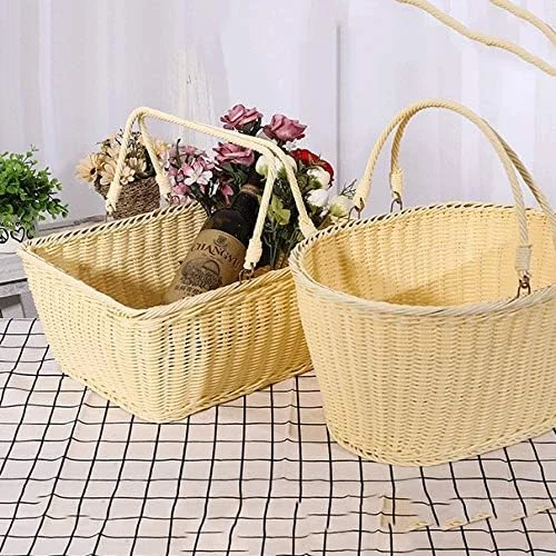 سبد خرید حصیری بافته شده قابل حمل سبد نگهداری سبزیجات سبد گل قابل حمل سبد پیک نیک در فضای باز سبد میوه (سایز: 34 * 27 * 17 سانتی متر)